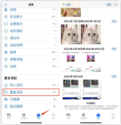 迎泽苹果手机维修分享iOS 16 中相册重复项目功能使用方法 