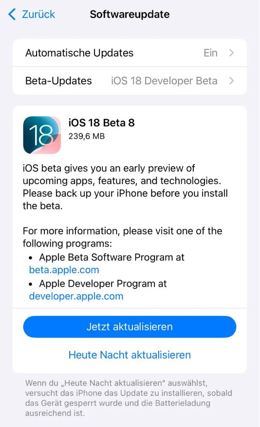 迎泽苹果手机维修分享苹果 iOS / iPadOS 18 开发者预览版 Beta 8 发布 